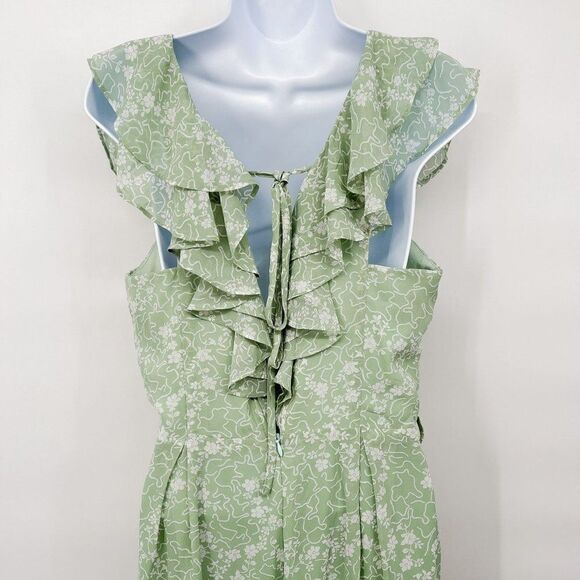 Listicle Floral Print Chiffon Ruffle Wide Leg V-Neck Jumpsuit Green Medium - Picture 6 of 11